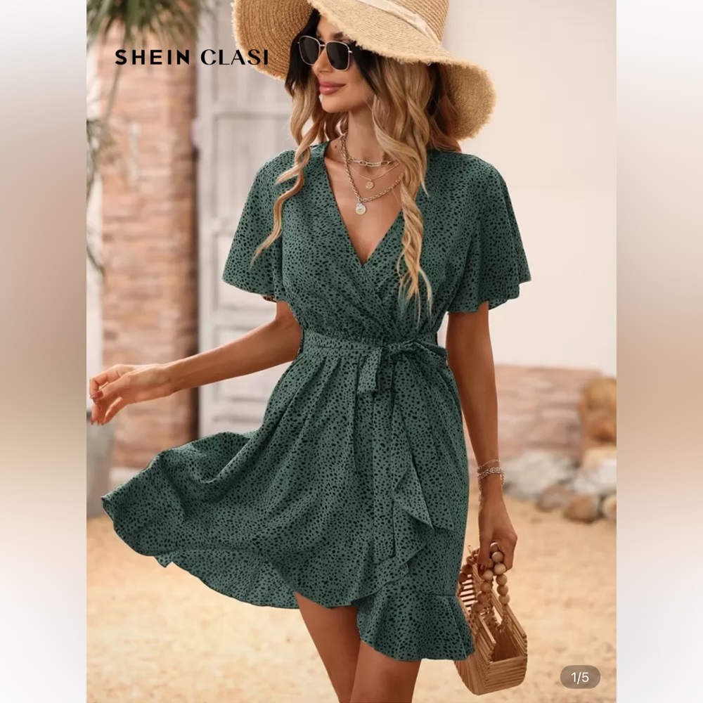 SHEIN Elegant Green and Black Dalmatian Wrap Dress, Size XL (US 12)